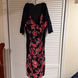 Kiyonna Black and Red Floral Midi Dress